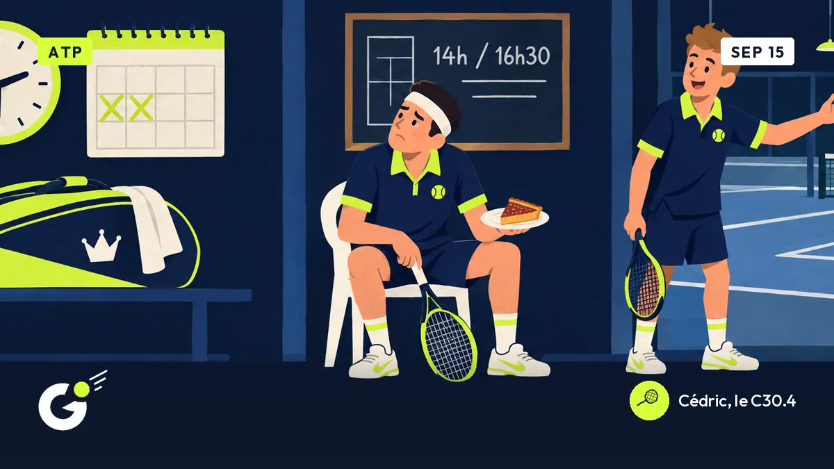 A club player sits between two matches holding a slice of tart, beside a board reading 14h and 16h30.