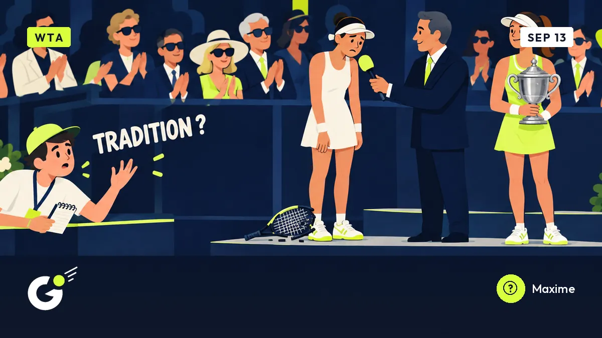 On the podium, a beaten finalist holds a microphone, broken racquet at her feet, as a young intern raises his hand.
