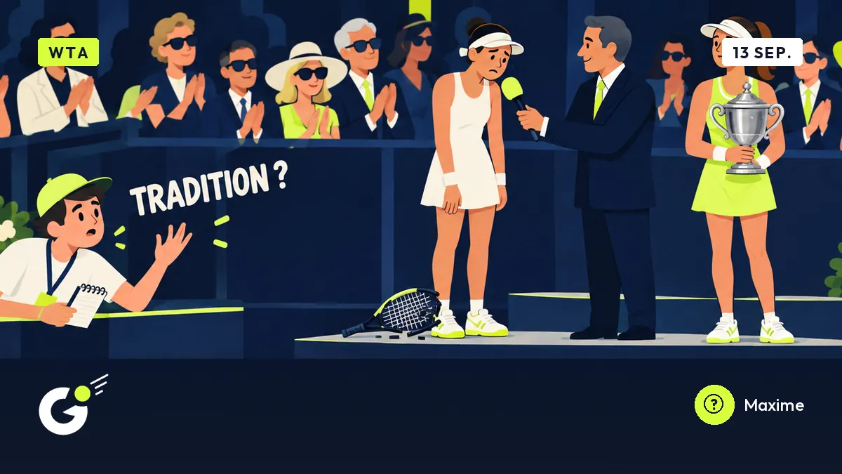 Op het podium houdt een verslagen finaliste de microfoon vast, gebroken racket aan haar voeten; een stagiair steekt zijn hand op.