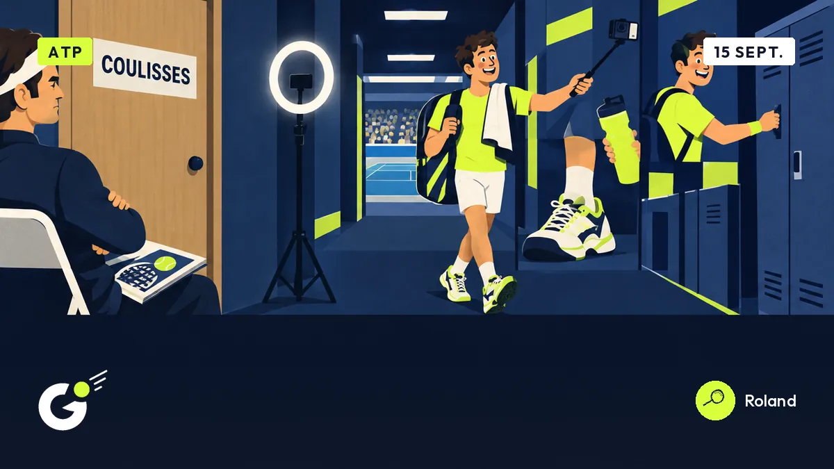 Un joueur filme le couloir du stade avec une perche à selfie ; Roland, assis dos à lui, fixe une porte fermée.