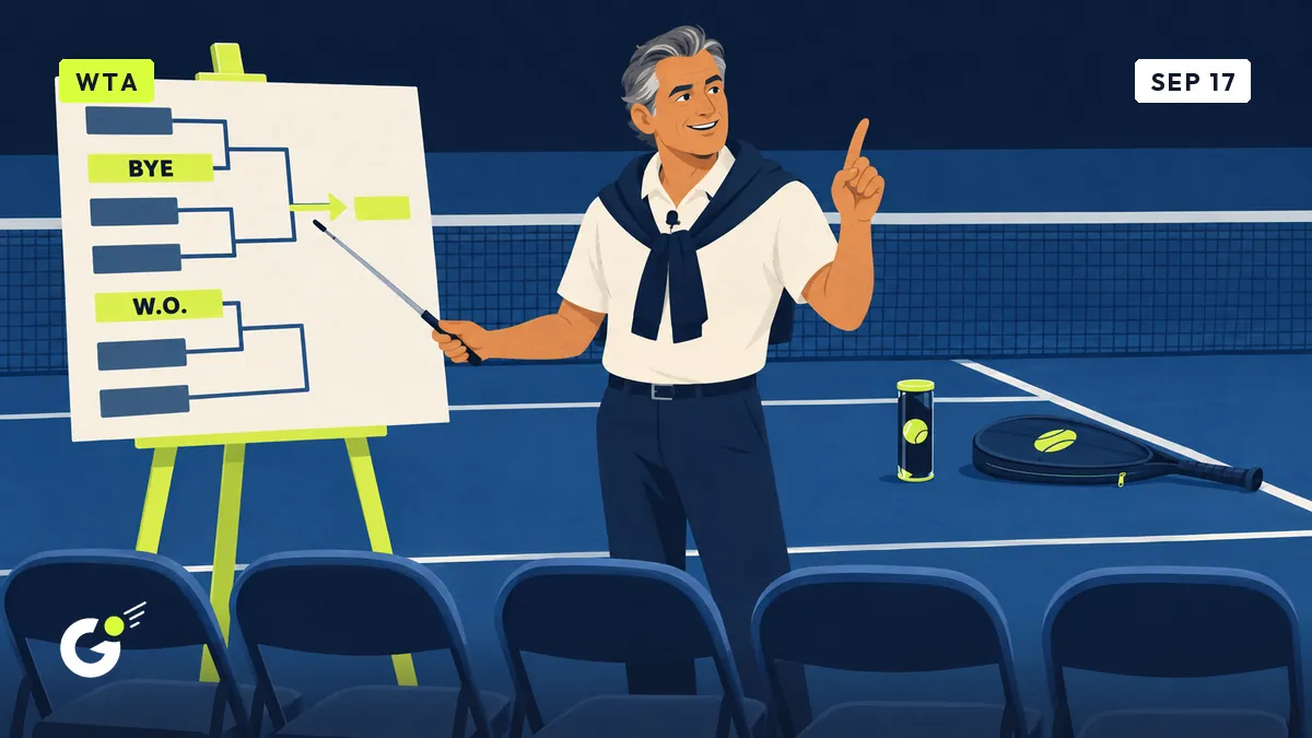 Jean-Pol points at a draw board reading "BYE" and "W.O." leading to the quarters, balls still unopened.