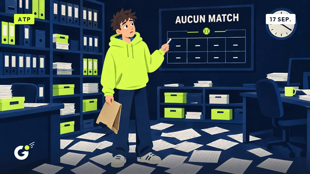 Maxime houdt een lege map vast bij een scorebord zonder score met de melding « aucun match ».