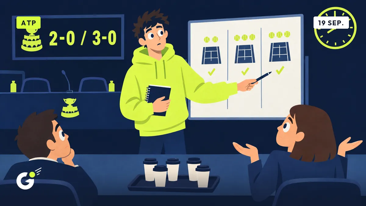 Maxime bij een whiteboard met scenario's, wijzend naar kolom 3-0, onder een bord met 2-0 en 20u.