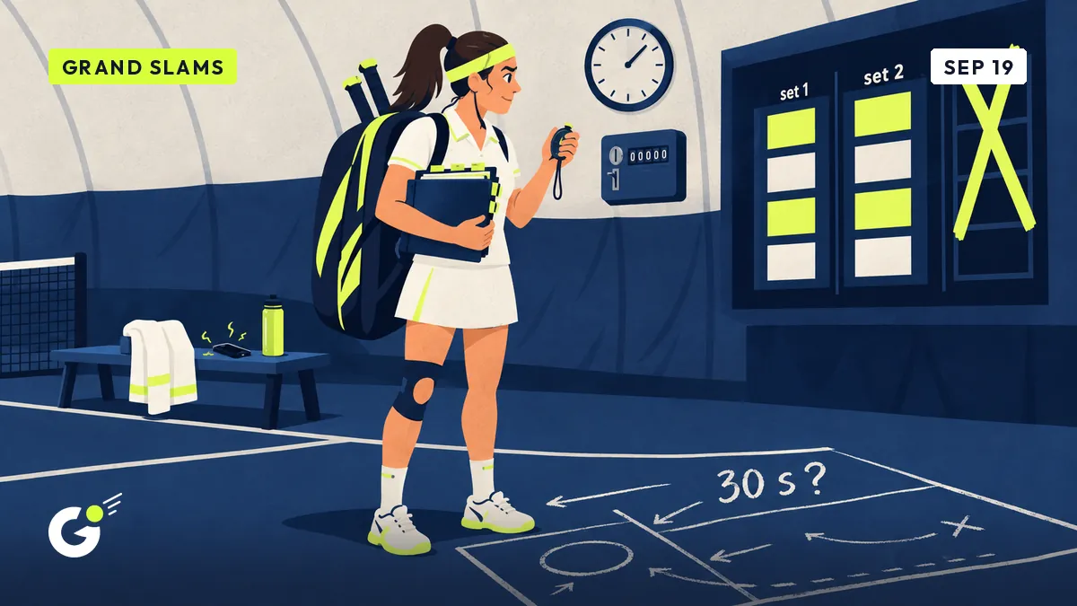 Céline with a stopwatch and stats folder before a scoreboard whose third-set column is crossed out.