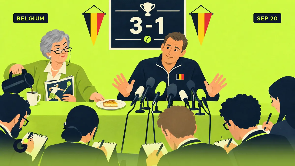 Press conference, scoreboard reading 3-1, a captain facing microphones; Monique slides him a slice of tart and coffee.