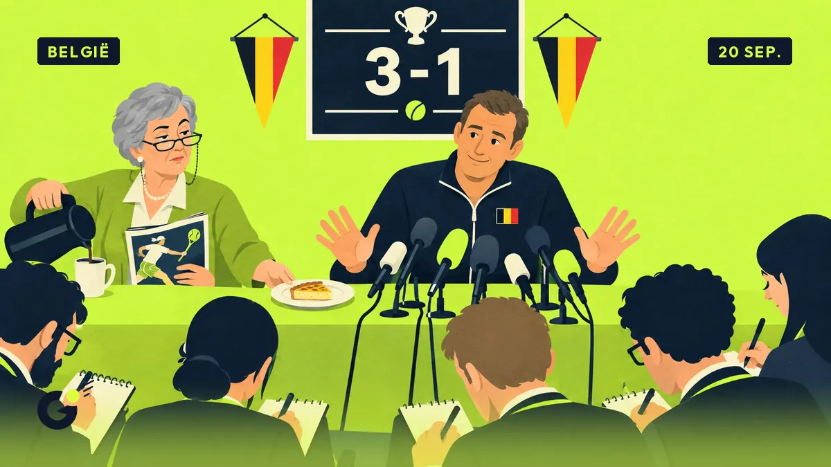 Persconferentie, scorebord met 3-1, een captain voor de micro's; Monique schuift hem een stuk vlaai en koffie toe.