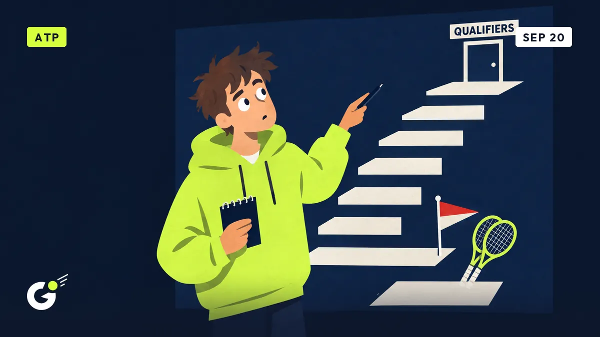 Maxime with a notebook puzzles over a staircase of divisions whose top step leads to a door marked 'Qualifiers'.
