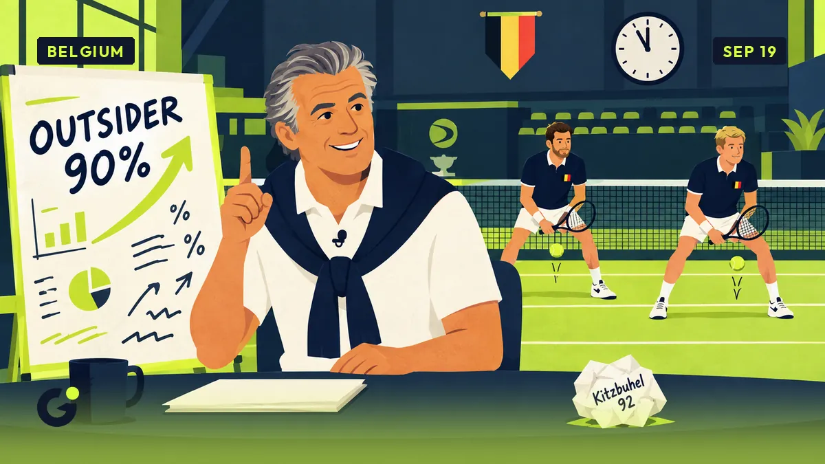 Jean-Pol at a whiteboard of percentages and an "outsider" arrow, the Belgian doubles pair warming up behind him.