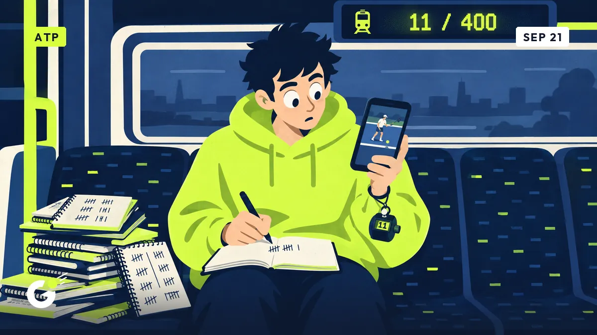Maxime on a train counting ball bounces on his phone, his notebook tally stuck at eleven marks.