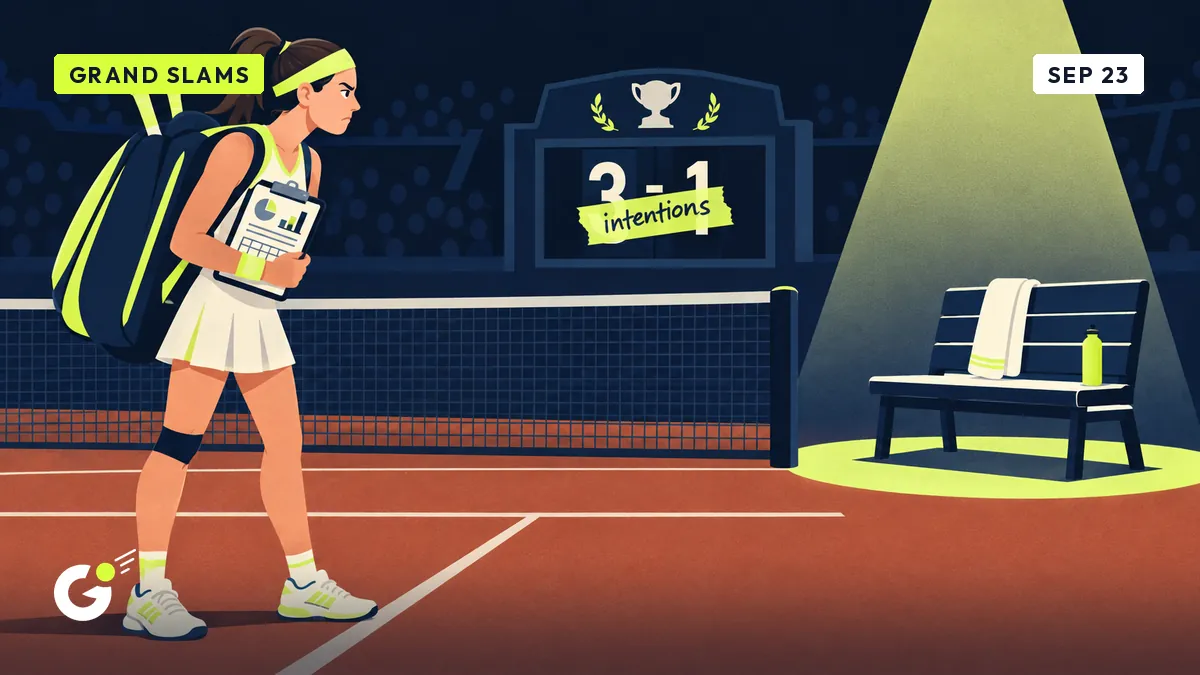 Céline, an interclub player, stands courtside with a folder of statistics, looking at a "3-1" scoreboard she has covered with a label reading "intentions", in front of an empty captain's bench.