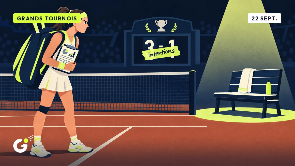 Céline, joueuse d'interclubs, debout au bord du court avec une farde de statistiques, observe un tableau d'affichage « 3-1 » qu'elle a recouvert d'une étiquette « intentions », devant un banc de capitaine vide.