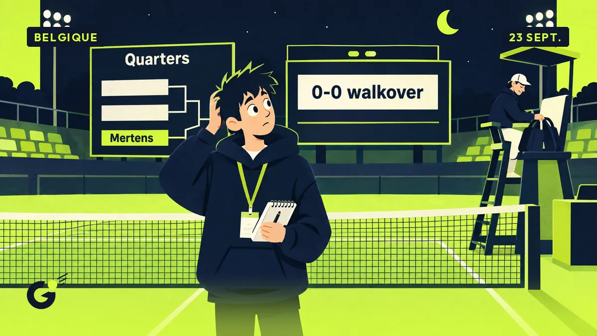 Un stagiaire au carnet observe un court vide la nuit, un panneau indiquant « 0-0 walkover » et un tableau des quarts avec le nom Mertens sans aucun match joué.