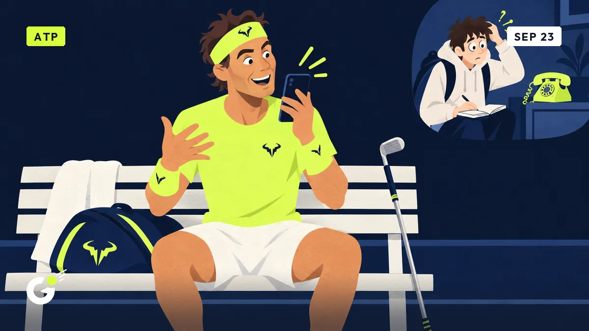 Nadal records a theatrical voice message near a golf club, while Maxime stares at a silent phone.