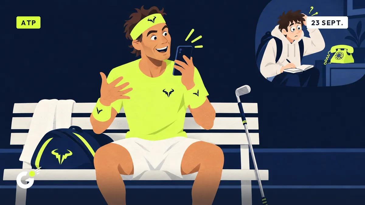 Nadal enregistre un message vocal théâtral près d'un club de golf, pendant que Maxime fixe un téléphone silencieux.