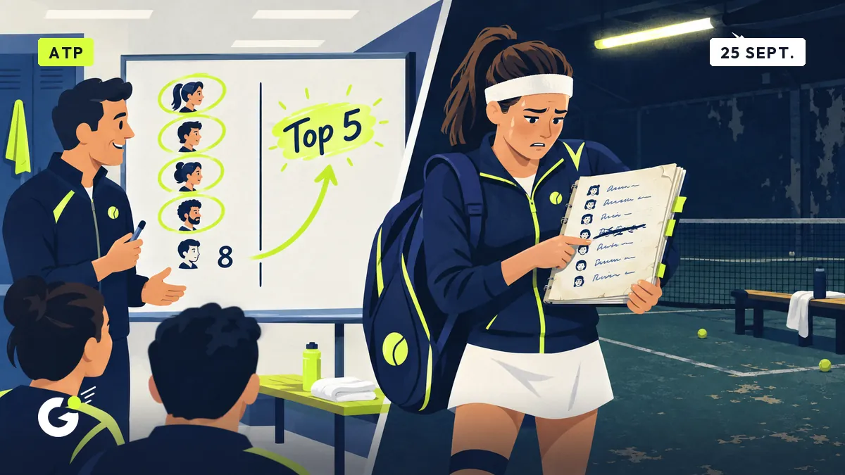 Un tableau de classement pro affiche 'Top 5' tandis que Céline consulte sa farde de classement sous un néon clignotant.