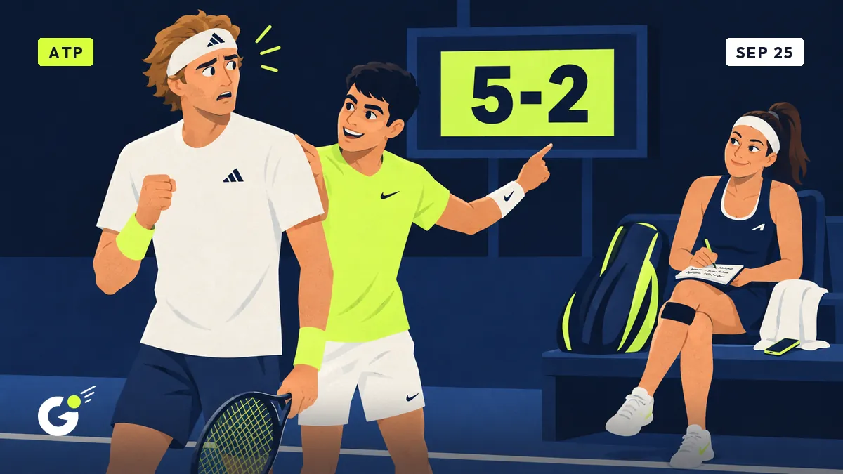 Zverev looks puzzled at a scoreboard reading 5-2 while Alcaraz smiles and Céline nods knowingly on a bench.