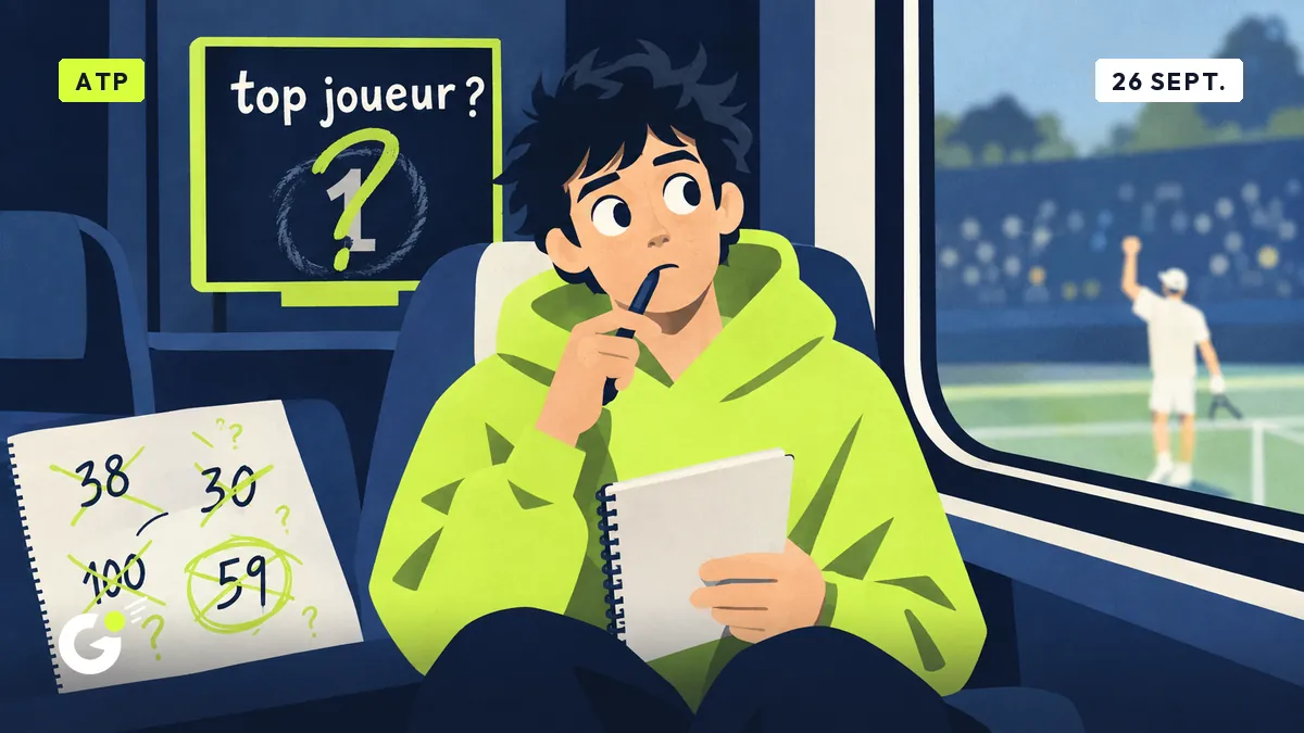 Maxime, carnet en main dans un train, entouré de chiffres raturés et d'un tableau marqué « top joueur ? ».