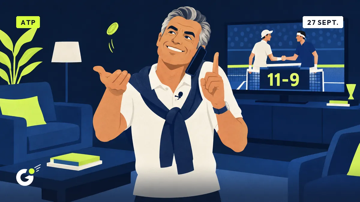 Jean-Pol lance une pièce devant sa télé où s'affiche un tableau de tie-break à 11-9, téléphone à l'épaule.
