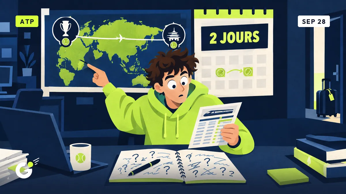 Maxime traces a line from the Laver Cup to Asia on a wall calendar, notebook full of question marks.
