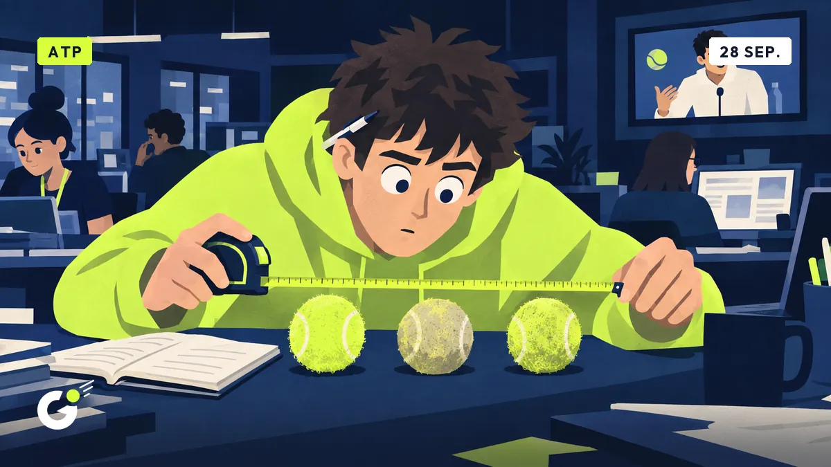 De stagiair meet drie tennisballen met een meetlint op zijn bureau, terwijl een scherm een persconferentie toont.