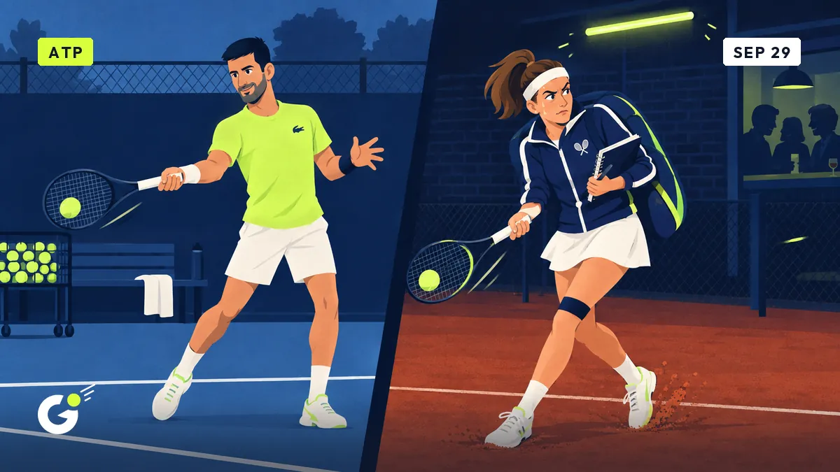 Djokovic practices relaxed on the left; on the right, Céline mimics the same forehand tensely under flickering neon light.