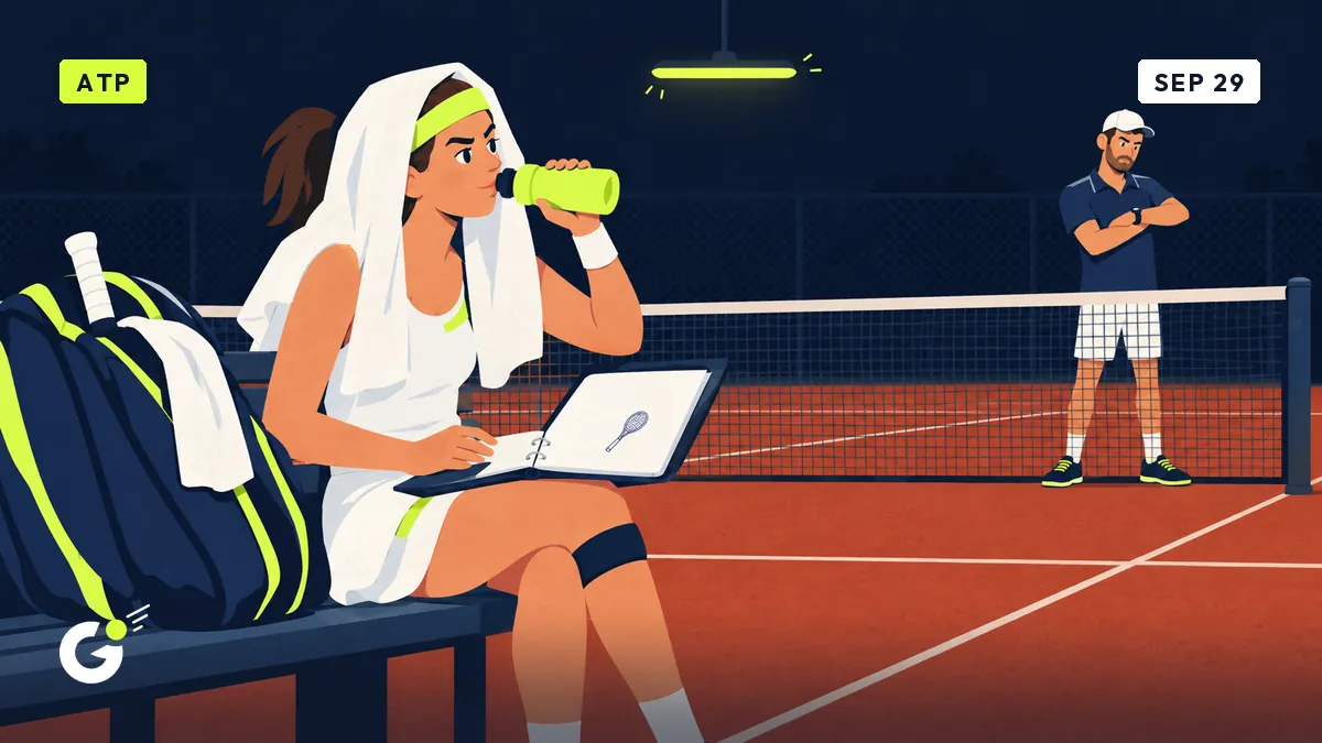 Céline sits under a towel on the bench between sets, reading her nearly empty binder while her opponent checks his watch.