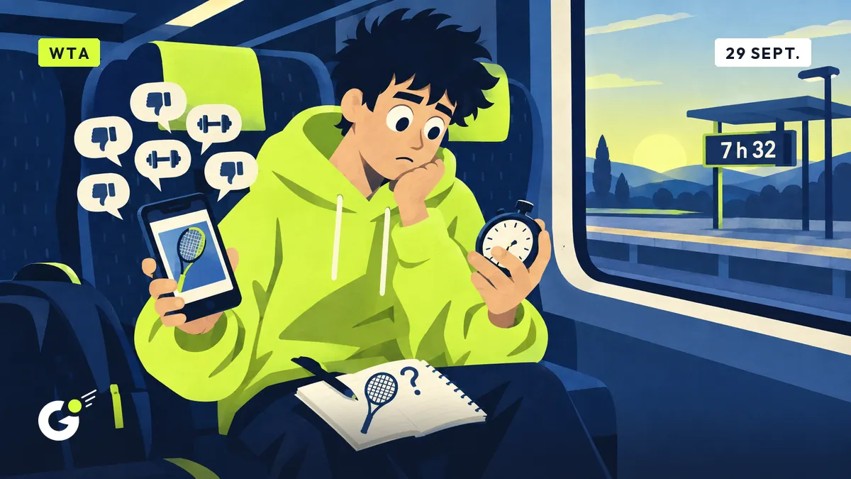 Maxime, dans le train, chronomètre en main, regarde sur son téléphone une photo de raquette couverte de bulles de commentaires.