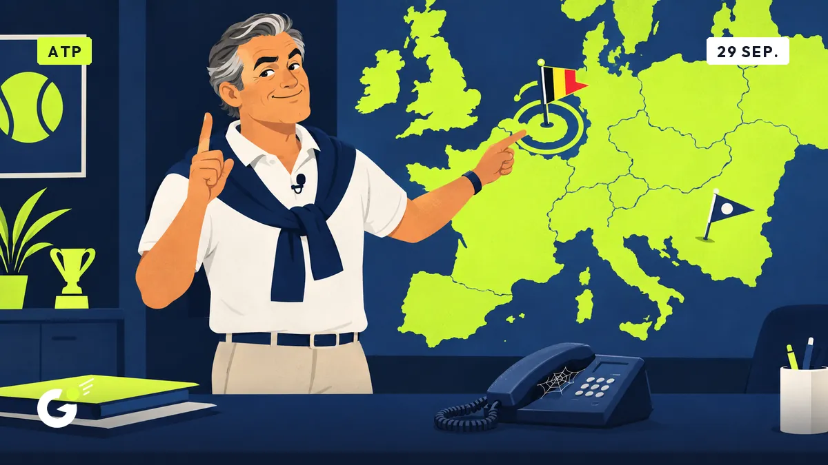 Jean-Pol wijst trots naar een Brusselse wimpel op een kaart, met een stoffige telefoon op het bureau en de vlag van Lyon scheef.