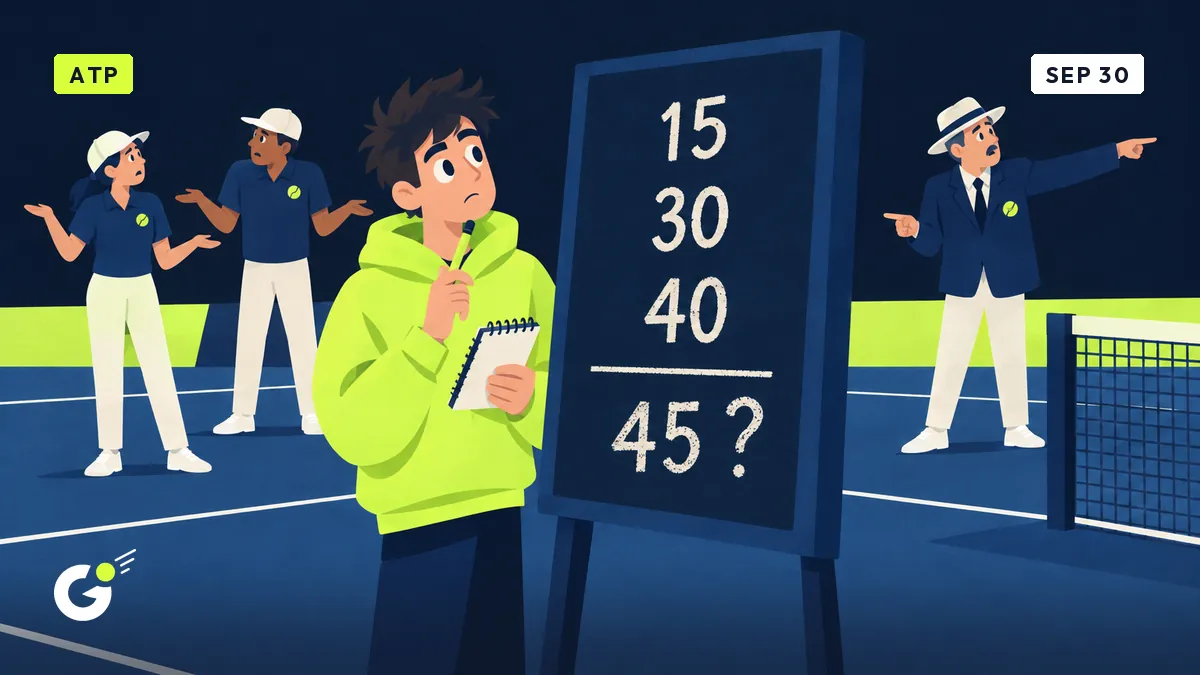 Maxime, stagiaire, carnet en main devant un tableau d'affichage 15, 30, 40 où il cherche un 45, sous les haussements d'épaules d'officiels.