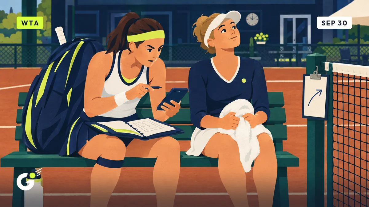 Céline, stats folder on her lap, studies a doubles draw on her phone while her partner Martine waits beside her holding a spare towel.