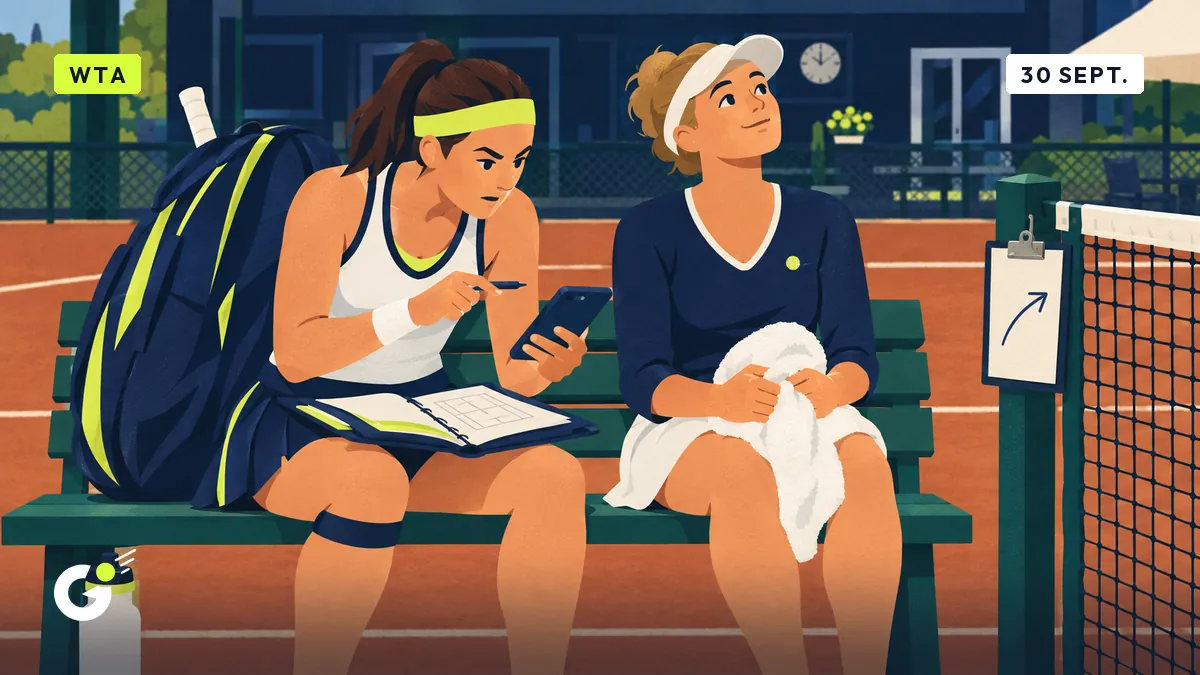 Céline, sa farde de statistiques sur les genoux, étudie un tableau de double sur son téléphone, tandis que sa partenaire Martine attend, essuie en main.