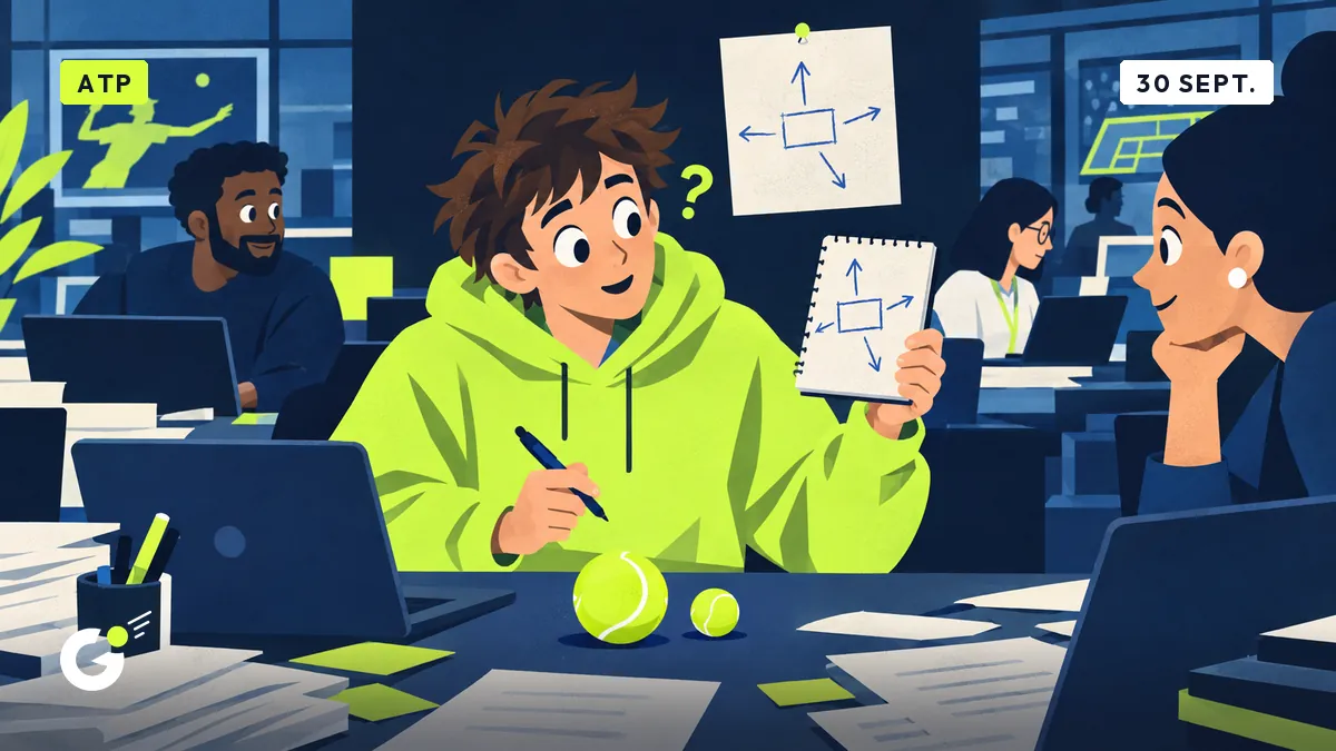 Maxime, stagiaire, montre son carnet à un collègue ; au mur, un schéma au bic : un rectangle et quatre flèches, près d'une balle de tennis.