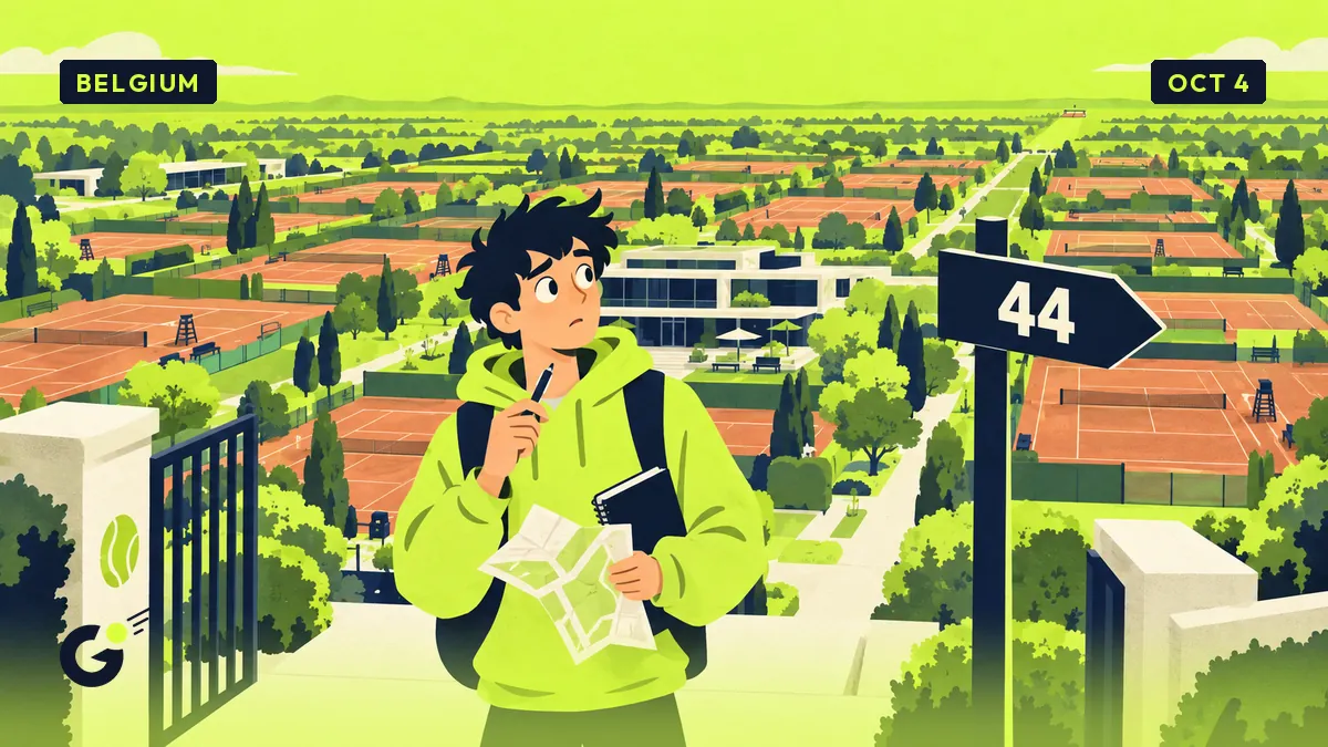 Maxime, stagiaire avec un carnet et un plan, perplexe devant un immense complexe de courts de tennis et un panneau indiquant le court 44.