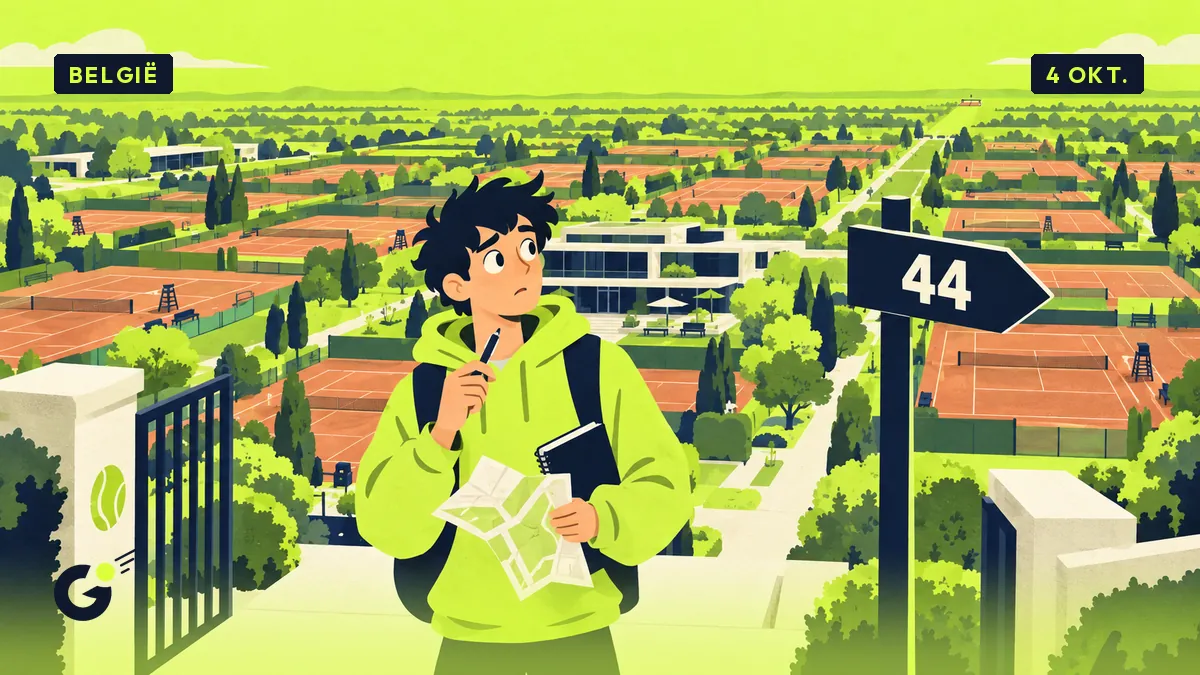 Maxime, stagiaire avec un carnet et un plan, perplexe devant un immense complexe de courts de tennis et un panneau indiquant le court 44.