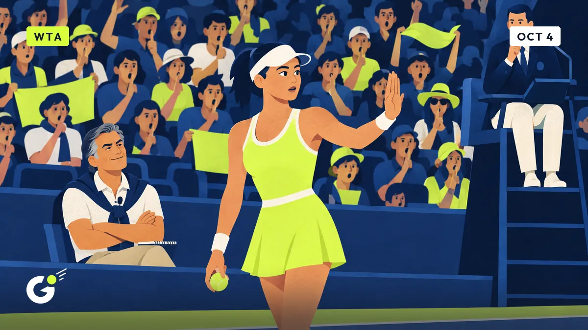A female player raises her hand to a packed crowd asking for silence before serving, while Jean-Pol nods smugly in the front row.