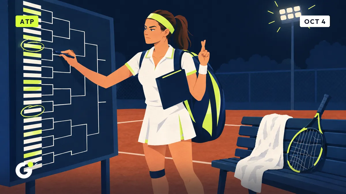 Céline, folder under her arm, studies a tournament draw with two names circled and her fingers crossed on a clay court.