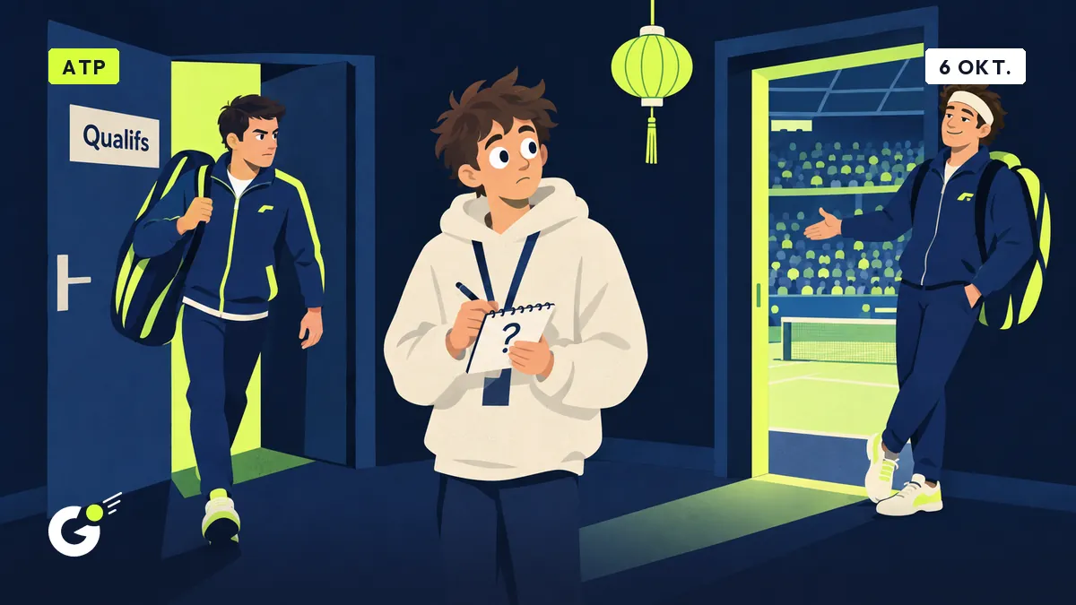 Maxime kijkt met zijn notitieboekje verbaasd toe hoe een speler door een deur 'Qualifs' gaat voor de ingang van het hoofdveld.