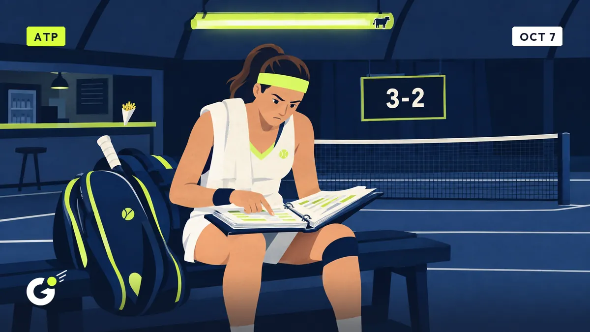 Céline, seule sur le banc du terrain 4 sous un néon, étudie sa farde de statistiques ; un tableau affiche 3-2 derrière elle.