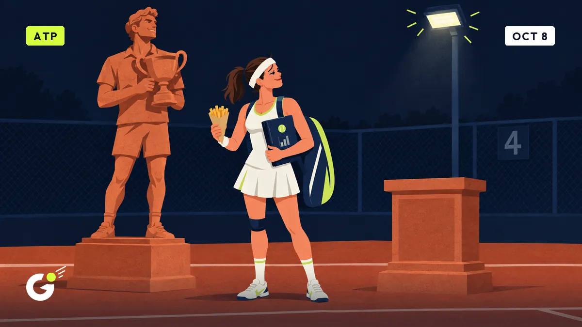 Céline, holding fries and a folder, studies a terracotta statue of a male tennis player beside an empty pedestal.