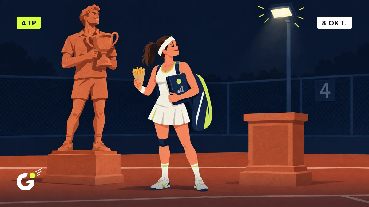 Céline, met frietzak en map onder de arm, bekijkt een terracotta standbeeld van een tennisser en een leeg voetstuk ernaast.