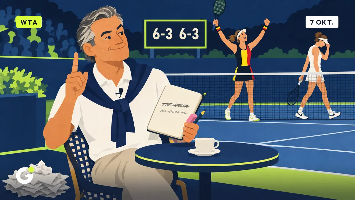 Jean-Pol zit met notitieboek en gum bij een tennisbaan waar een Belgische speelster juichend de armen heft na haar 6-3, 6-3.