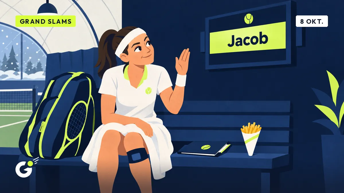 Céline zit op een bank in een tennisbubbel, handdoek op haar knieën, kijkt naar een bord met de naam « Jacob » en groet meelevend.