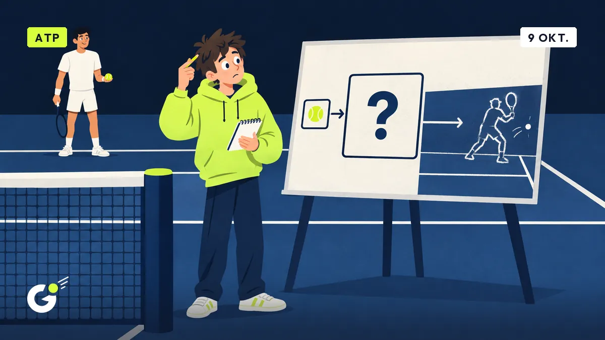 Maxime, notitieboekje in de hand, fronst voor een bord met twee vakken op een tennisbaan, terwijl een speler zich klaarmaakt om te serveren.