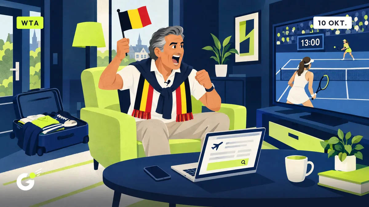 Jean-Pol schreeuwt voor zijn tv en zwaait met een Belgisch vlaggetje, naast een half gepakte koffer en een stille telefoon.