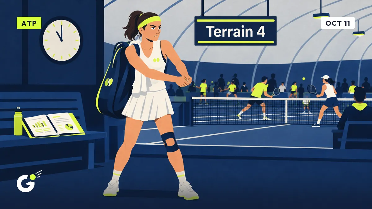 Céline shadow-swings without a ball beside an occupied court under a 'Terrain 4' sign inside a tennis bubble.