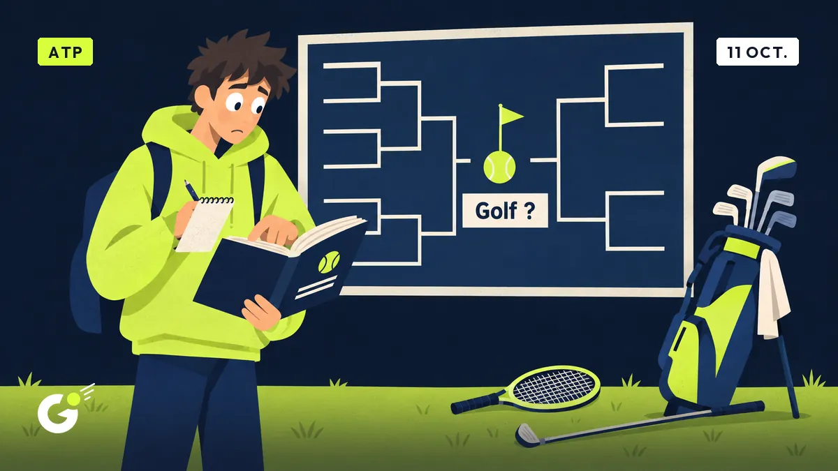 Maxime, carnet en main, cherche dans un règlement devant un tableau de tournoi où un drapeau de golf remplace un nom de joueur.