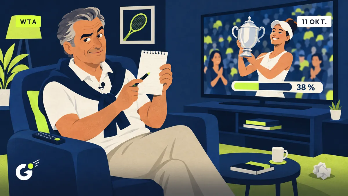 Jean-Pol, dans son fauteuil, télécommande à la main, montre un bloc-notes devant une télé affichant 38 % et une joueuse avec un trophée.