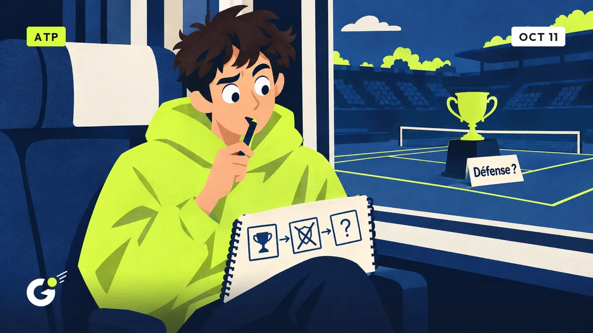 Maxime, an intern journalist, puzzles on a train over a notebook flowchart with a trophy and a crossed-out shield, a tennis court behind.