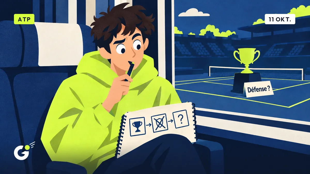 Maxime, stagiaire, perplexe dans un train, étudie dans son carnet un schéma avec un trophée et un bouclier barré, un court central derrière lui.
