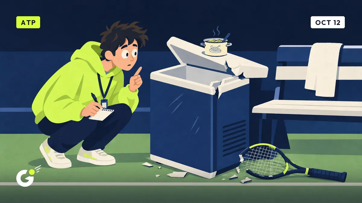 Maxime, an intern with a notebook, peers into a cooler with a broken lid beside an empty player bench and a smashed racket on court.